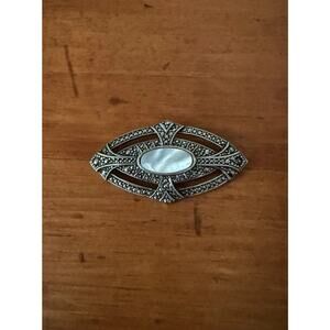 Vintage Art Deco Mother of Pearl Cabochon Marcasite Brooch Victorian Revival
